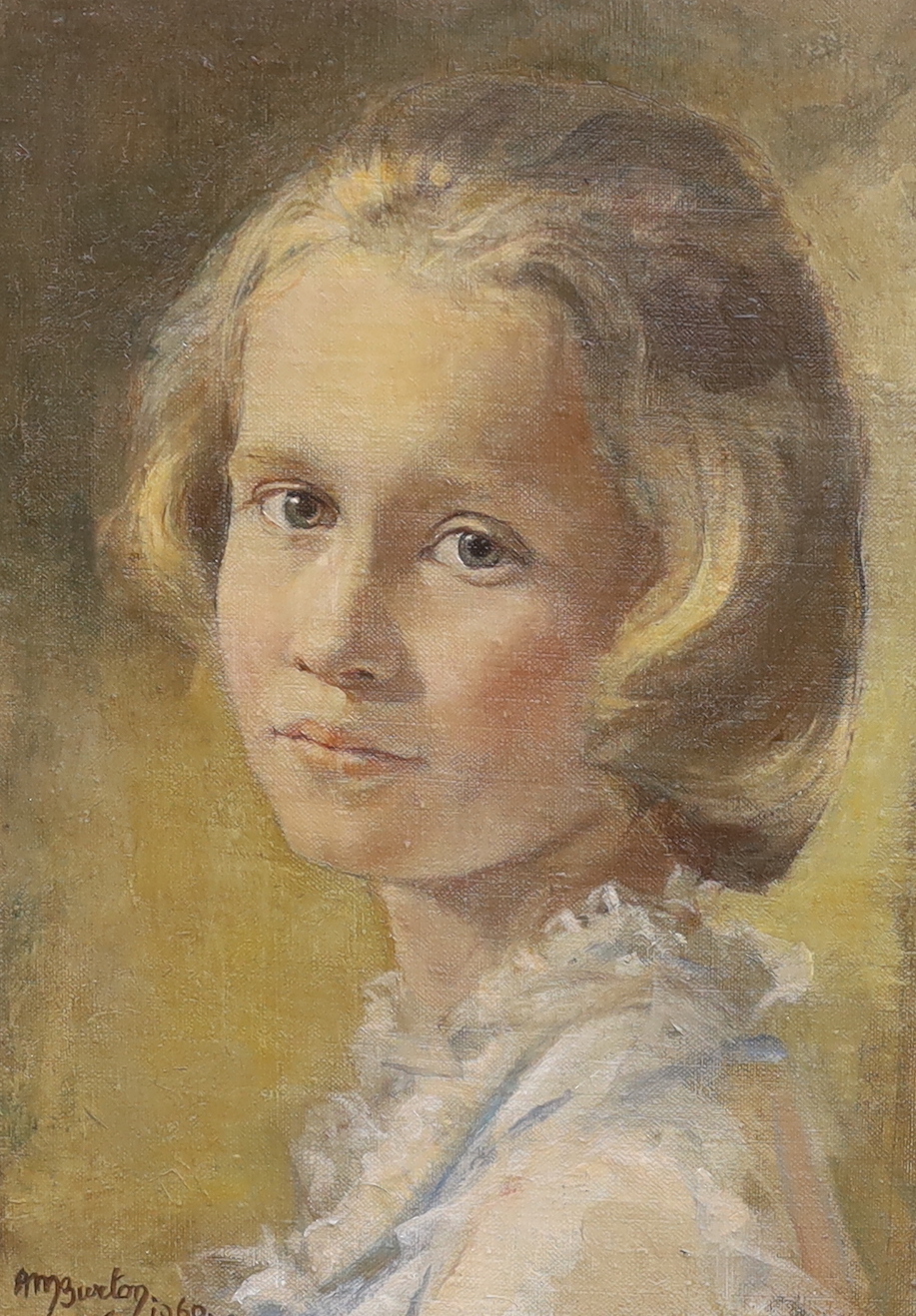 Alice M. Burton RBA (1892-1973), pair of oils on canvas, Portraits of a young boy and girl, each signed and dated 1960, together with a Royal Society of Portrait Painters booklet, 34 x 24cm